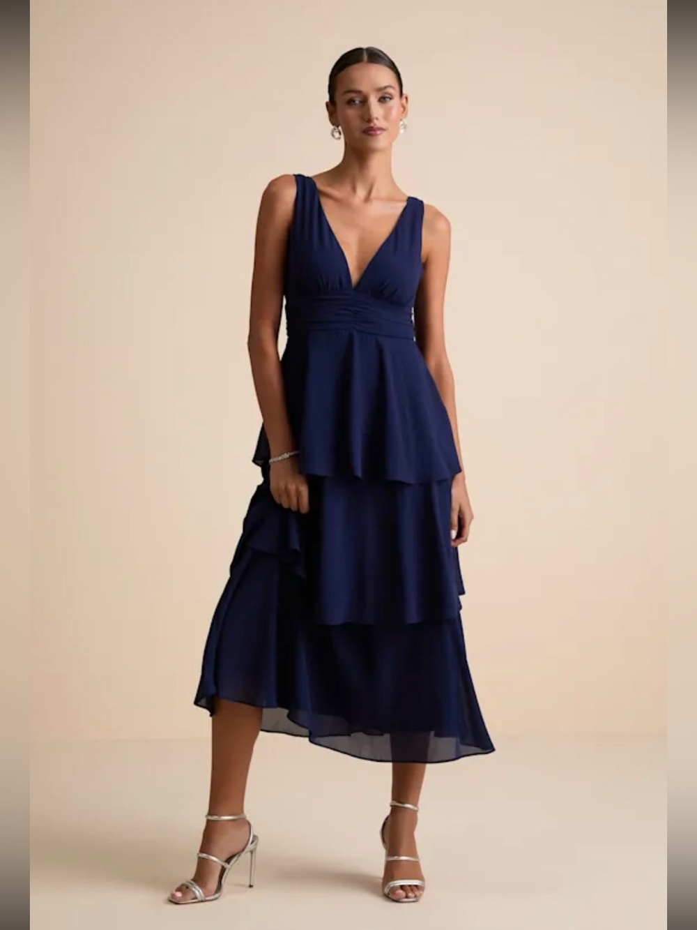 Lulus Celebration Time Navy Blue Sleeveless Tiered Midi Dress